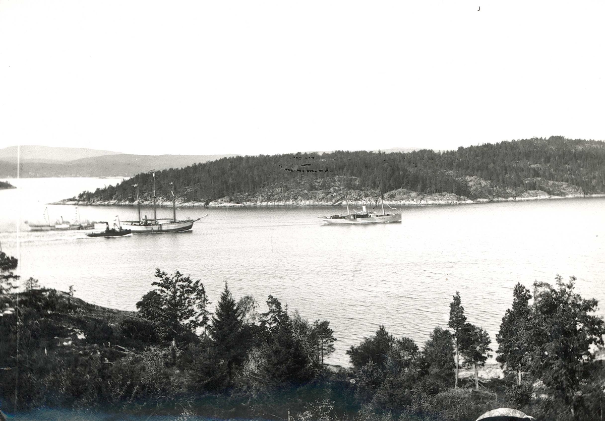 Axel Quinsgaard Wiborg, Polarskuta "Fram"s hjemkomst 1902, ant. i Oslofjorden, etter 2. Fram-ferd 1898-1902, Otto Sverdrups ekspedisjon. Flere andre skip følger Fram. Fra serie tatt av iseksportør Axel Quinsgaard Wiborg (d. 1944).