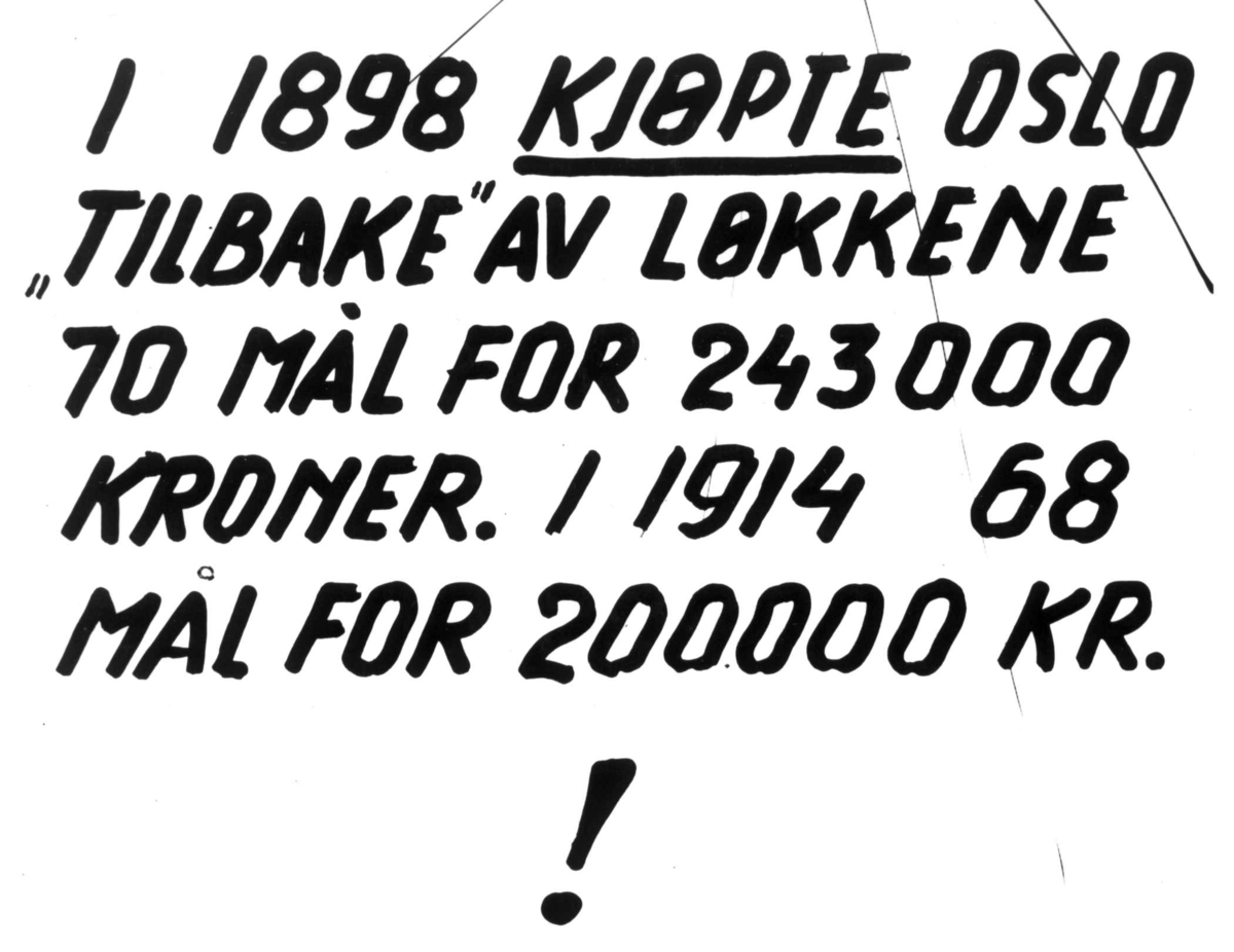 Nanna Broch, Tekstplansje. Fra lysbildeserie til utstilling på Østkantutstillingen 1934, "Den var vår, denne jord". Om tomteproblemer i Oslo. Fra boliginspektør Nanna Brochs boligundersøkelser i Oslo 1920-årene.
