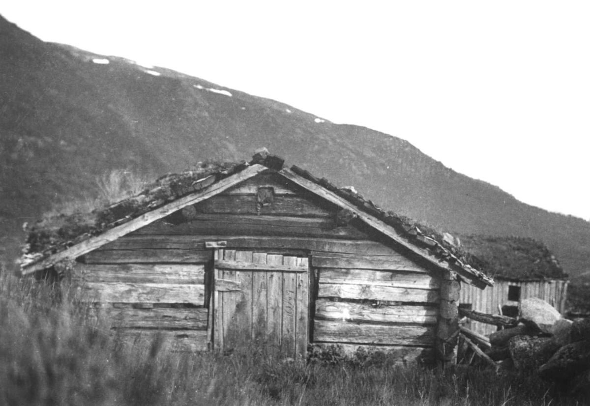Anna Grostøl, Tømmerkoie med torvtak og et uthus. Ukjent sted 1936.
