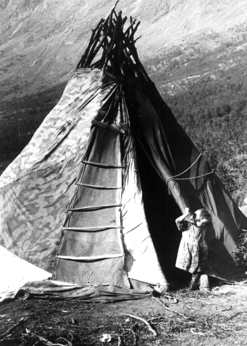 Anna Grostøl, Sameleir. Et barn utenfor teltåpningen. Lyngen, Troms 1947.