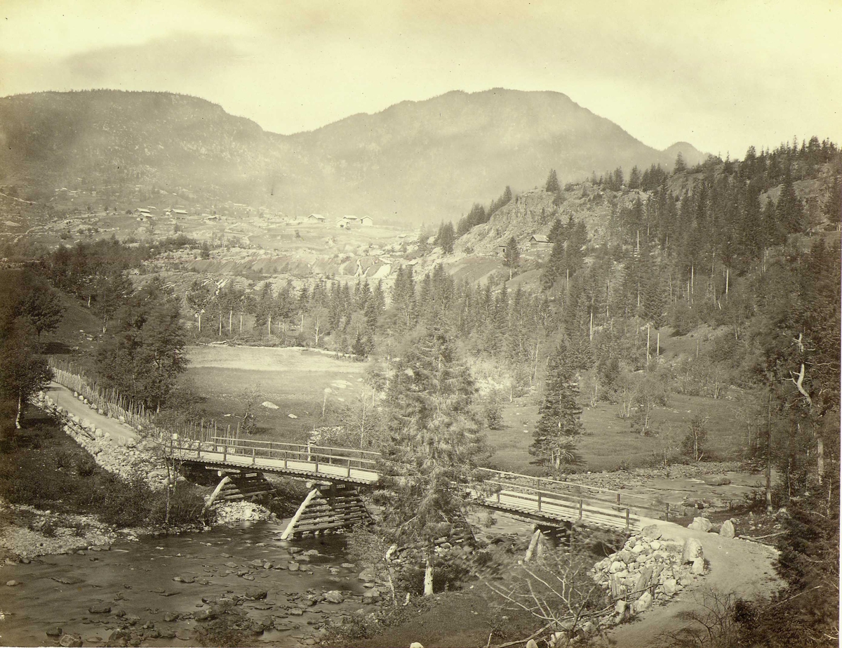Henry Rosling, Landskap, Hjartdal ("Hjerdal"), Telemark, med veiparti med bro. Fra serie norske landskapsfotografier tatt av den engelske fotografen Henry Rosling (1828-1911).