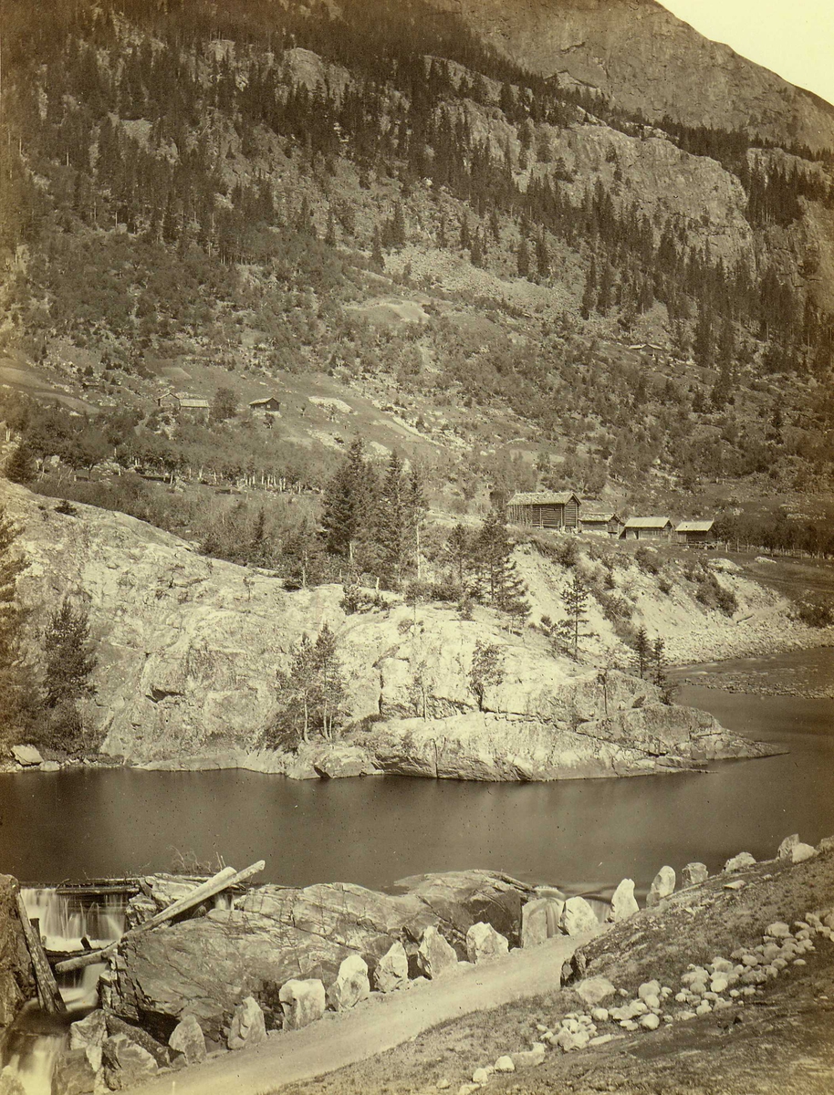 Henry Rosling, Landskap, Telemark, med veiparti i forgrunnen, gårdsbebyggelse i bakgrunnen. Fra serie norske landskapsfotografier tatt av den engelske fotografen Henry Rosling (1828-1911).