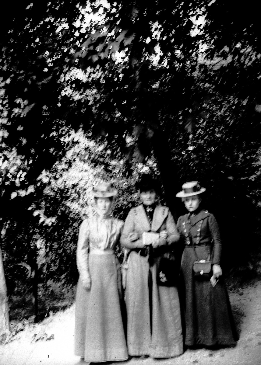 Juliane Fredrikke Langberg, 3 kvinner med hatt arm i arm utendørs. Sigrid f. Holm (t.v.) , fotografens niese, ant. på besøk hos sine svigerforeldre i Hamburg. Svigermor, fru Hudtwalcker i midten, t.h. frk. Hudtwalcker, ant. hennes svigerinne. Damene er kledd i fotside drakter med vesker til. Bildet er uskarpt. Fra malerinne J…