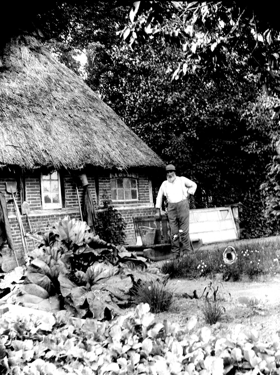 Juliane Fredrikke Langberg, Eldre mann med hatt utenfor gårdsbygning med strå på taket. Ant. tysk bonde eller gartner, ukjent person. Planter i forgrunnen. Fra malerinne Juliane Fredrikke Langbergs (1856-1930) samling, tatt ca.1895-1910 med motiver fra slekt og venner samt steder tilknyttet samvær med disse.