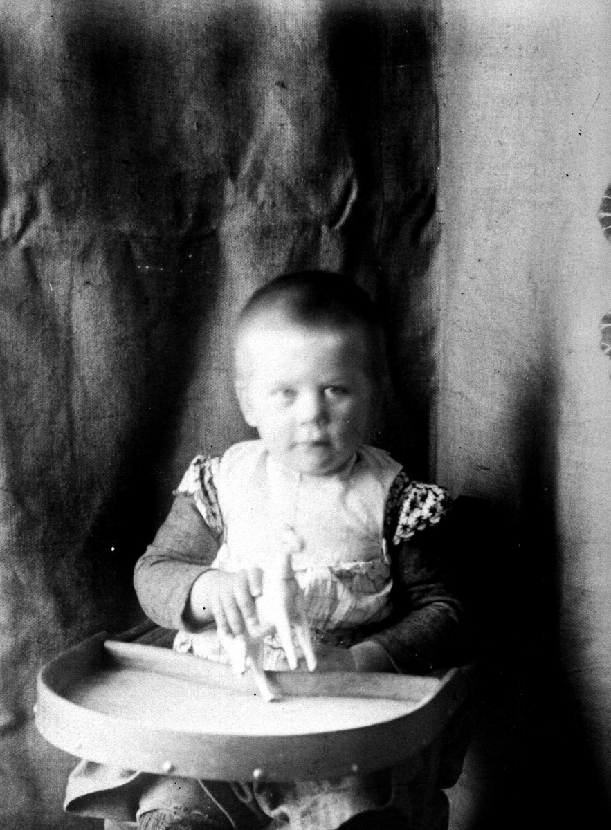 Juliane Fredrikke Langberg, Portrett av gutt, Christian L. Holm, sittende i barnestol med brett foran, lekende med en trehest. Forkle over andre plagg. Christian L. Holm (f. 1892) er fotografens nevø, sønn av res.kap. i Rakkestad (1884-97), Olaf A. Holm. Ant. fra kapellangården Bergenhus.