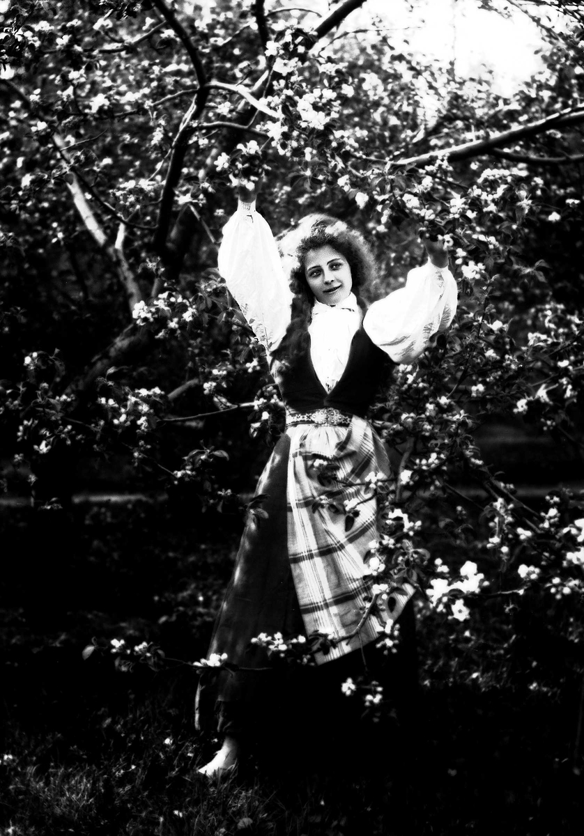 Solveig Lund, Pike i nasjonaldrakt som holder i grenene til et blomstrende blommetre.