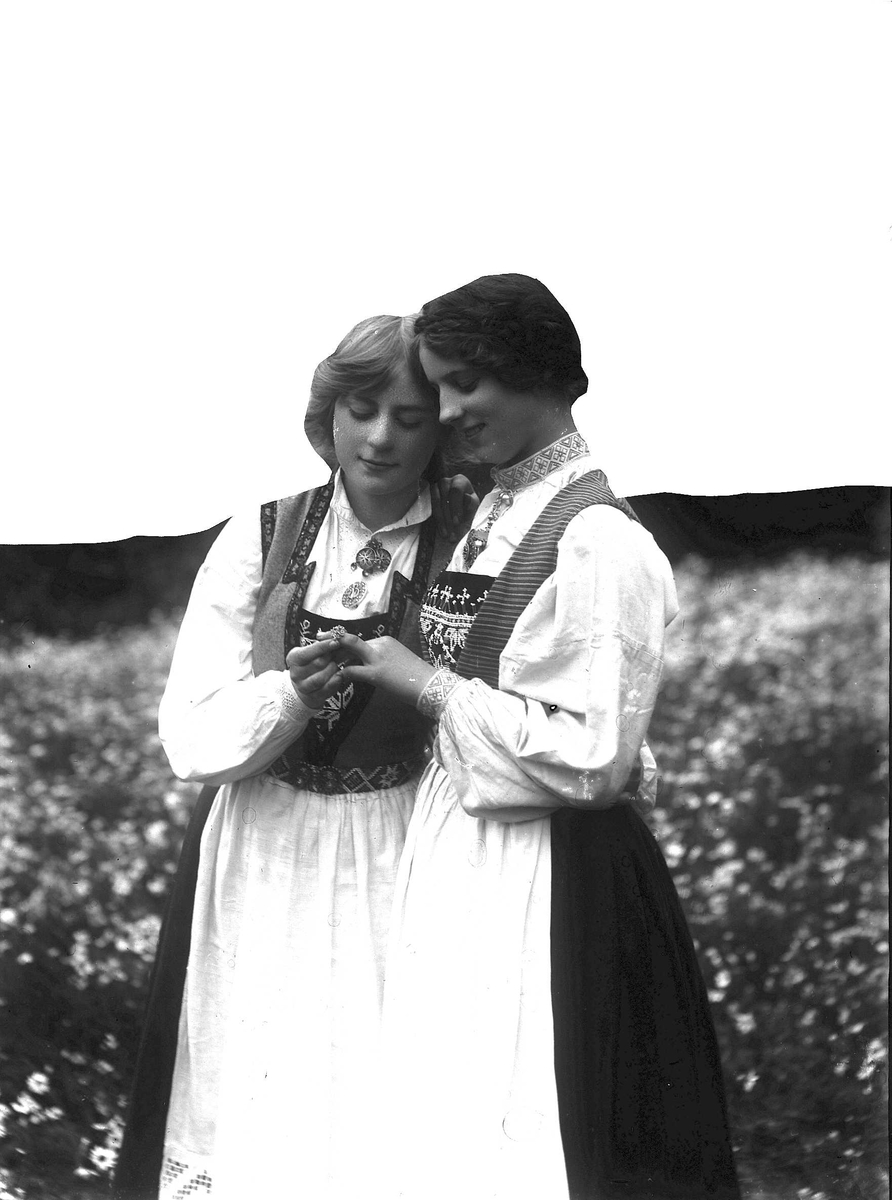 Solveig Lund, To kvinner i nasjonaldrakt står med armene rundt hverandre på blomstereng. Ser på noe de holder i hendene.