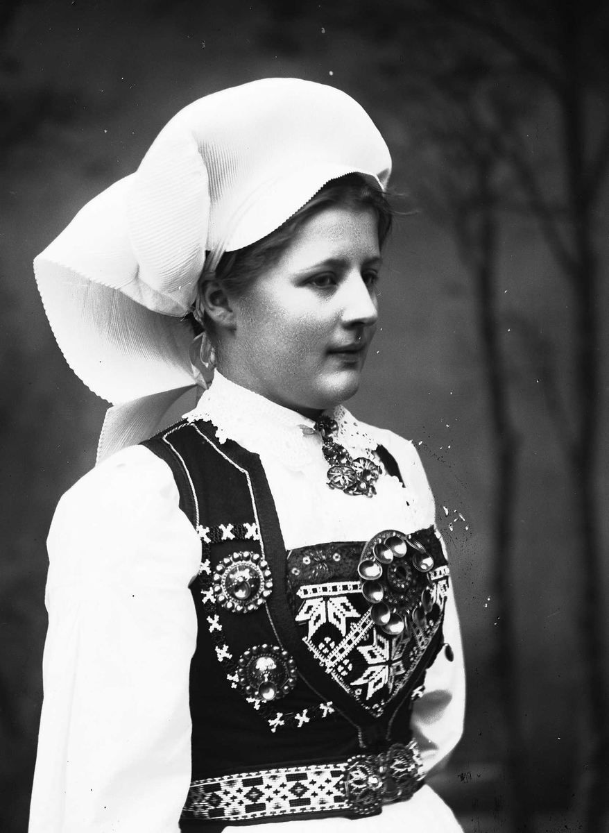 Solveig Lund, 1/2 dels studioportrett av kvinne i drakt og skaut. Hun er vendt mot høyre i fotografiet. Bakgrunnen er malt med trestammer.