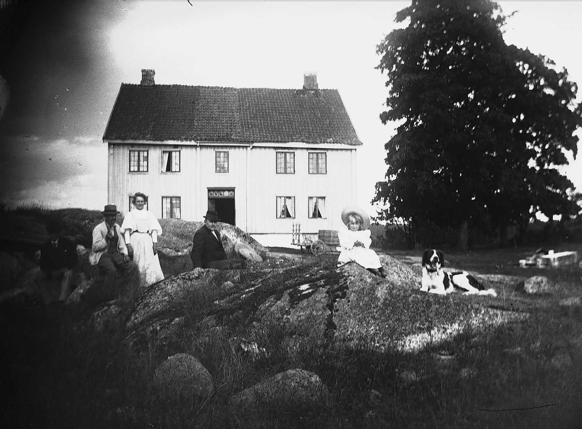 Axel Quinsgaard Wiborg, Mennesker og hund foran våningshuset på Gamle Digerud, Frogn, Akershus, 1898.