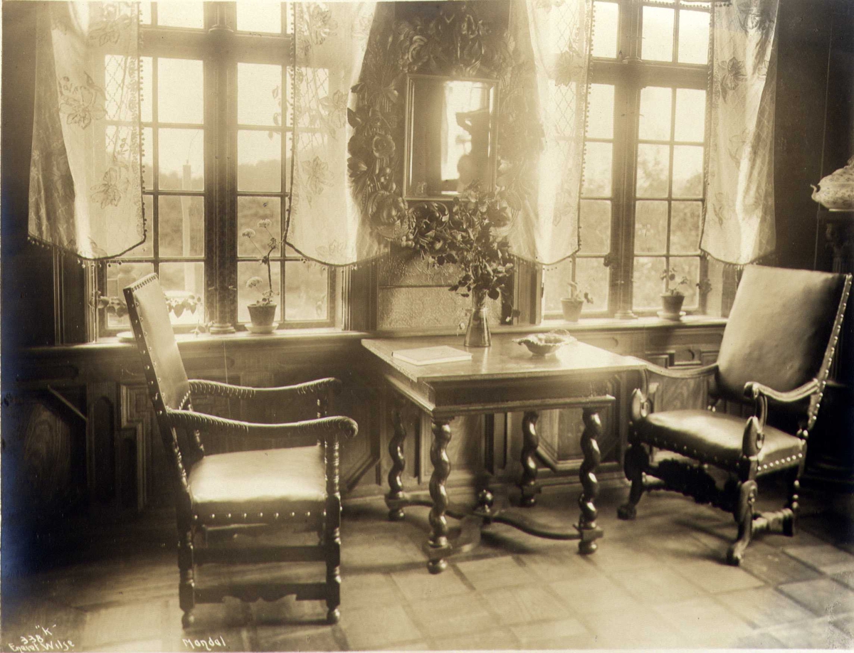Anders Beer Wilse, Interiør, Halse, Mandal, Vest-Agder. Fotografert 1912. Konsul Bugges villa.