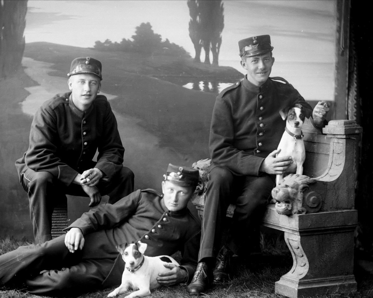 Gustav Borgen, Gruppeportrett, tre soldater sitter eller ligger i uniform, to hunder er med.