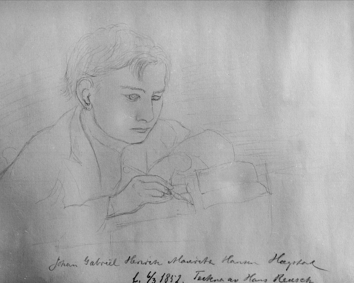Gustav Borgen, Avfotografering. Tegning av gutt som skriver, Johan Gabriel Henrik Mauritz Hansen Hægstad. f. 6/3-1852. Tekna av Hans Rausch.