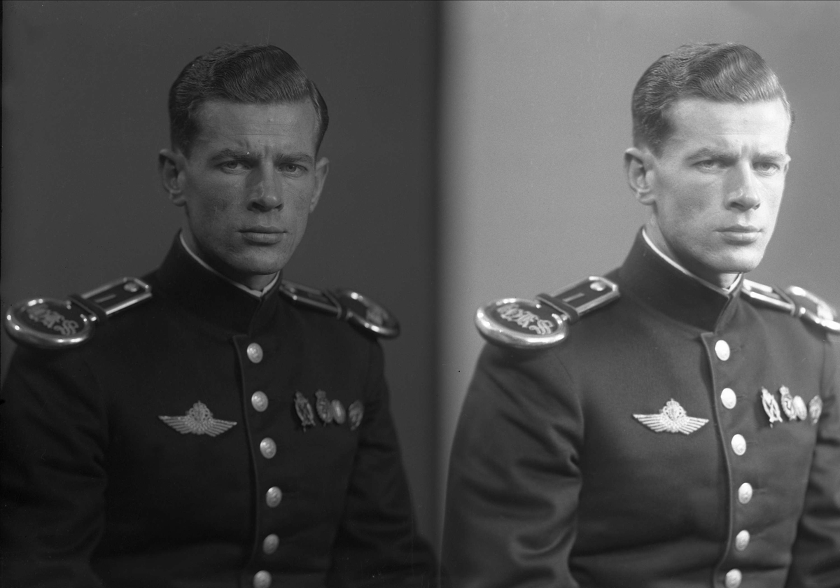 Gustav Borgen, Rolf T Svendsen. Også kjent som Rolf T. Tradin, løytnant og jagerflyver i det norske forsvaret. Portrett, to eksponeringer, mann i uniform med flyvinge.