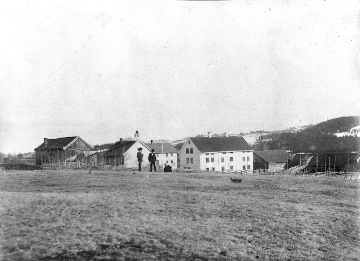 Johan Albert Steen, HJELMSTAD GARD, Ringsaker. FJØS. LÅVE. STABBUR. 3 PERSONER I FORGRUNNEN.