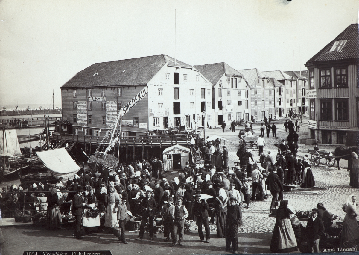 Axel Lindahl, Trondheim. (Motivnr 1854). Trondhjem, Fiskebryggen. Fjordgata. Bildet fra 1880-1890(NBs protokoll). Oversiktbilde over Ravnkloa med bryggene i Fjordgata i bakgrunnen. Bildet er tatt fra land mot nord-øst, en folkemengde er samlet foran på selve vrimleområdet.