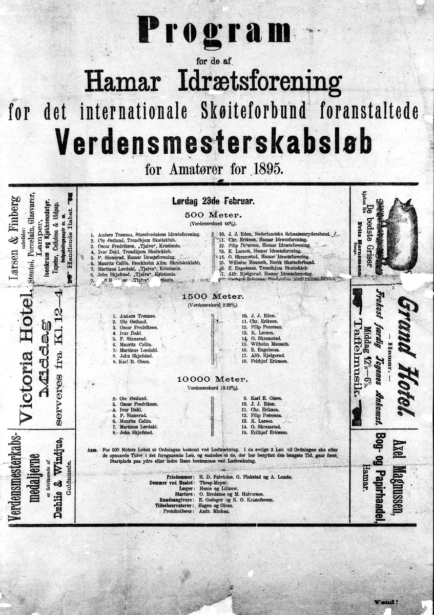 Anno Domkirkeodden, PROGRAM FOR SKØYTELØP, VM 1895, VERDENSMESTERSKAP, HAMAR IDRÆTSFORENING.