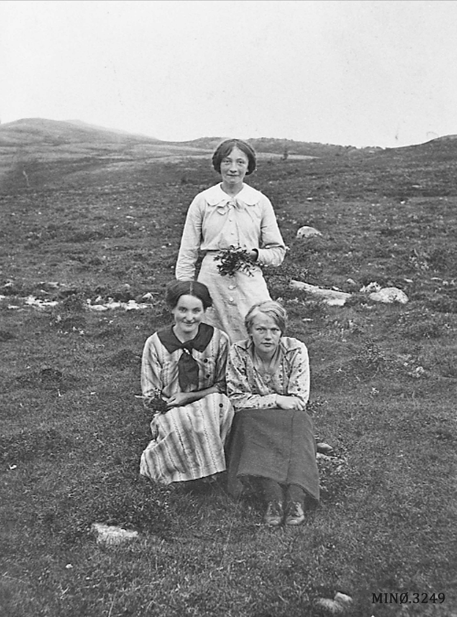 Jo Øvergaard, Tre kvinner, oppstilte, fjell/fjellvidde i bakgrunnen.