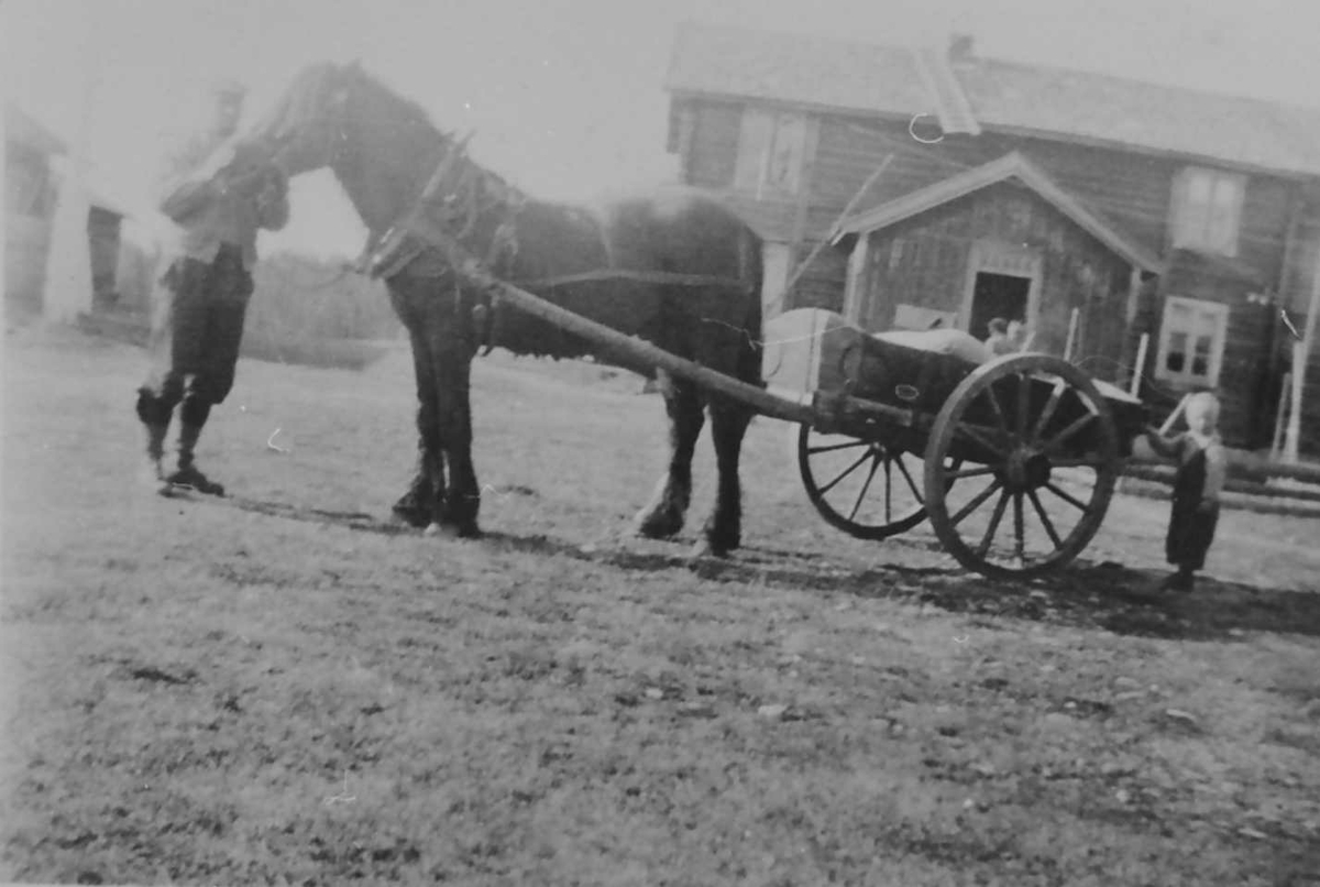 Jan Erik Øvergård, Hest, kjerre, bygning, personer.