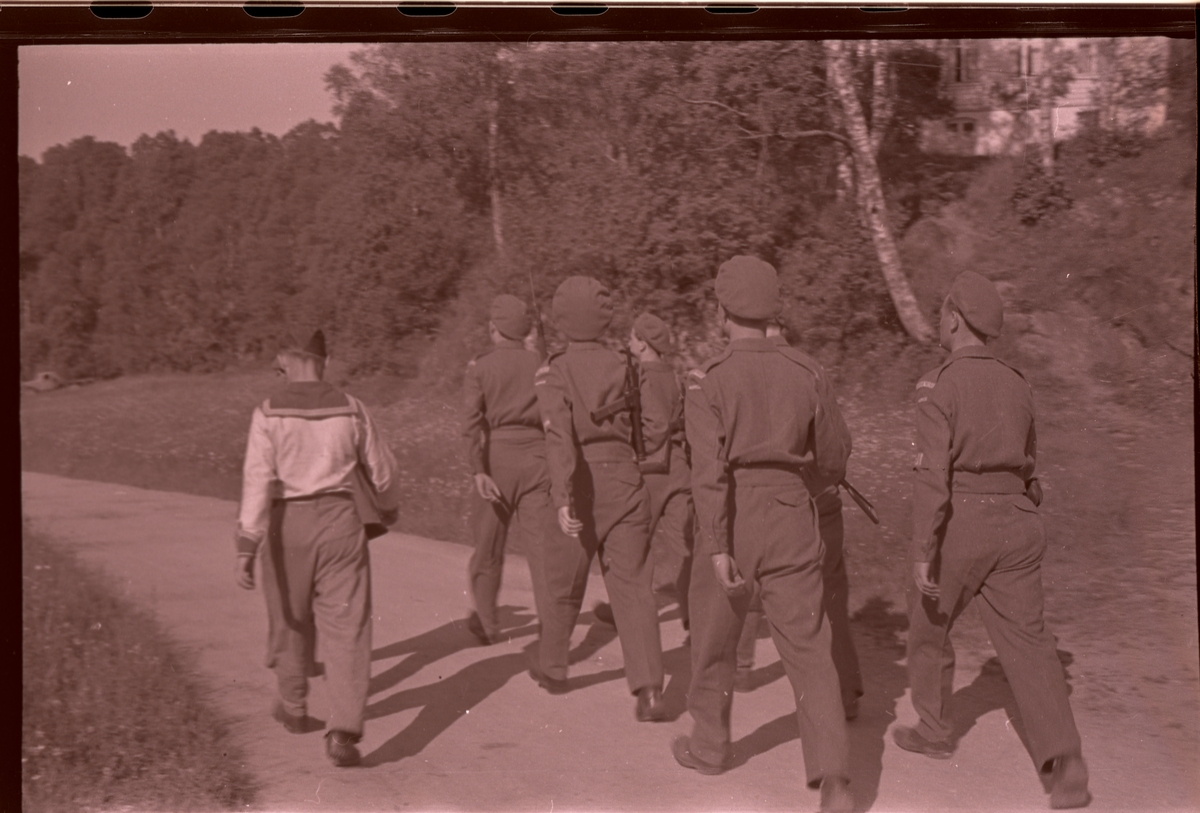Jan Herman Linge, Lingekarer masjerer på vei ned i området ved Holen. Maidagene 1945.