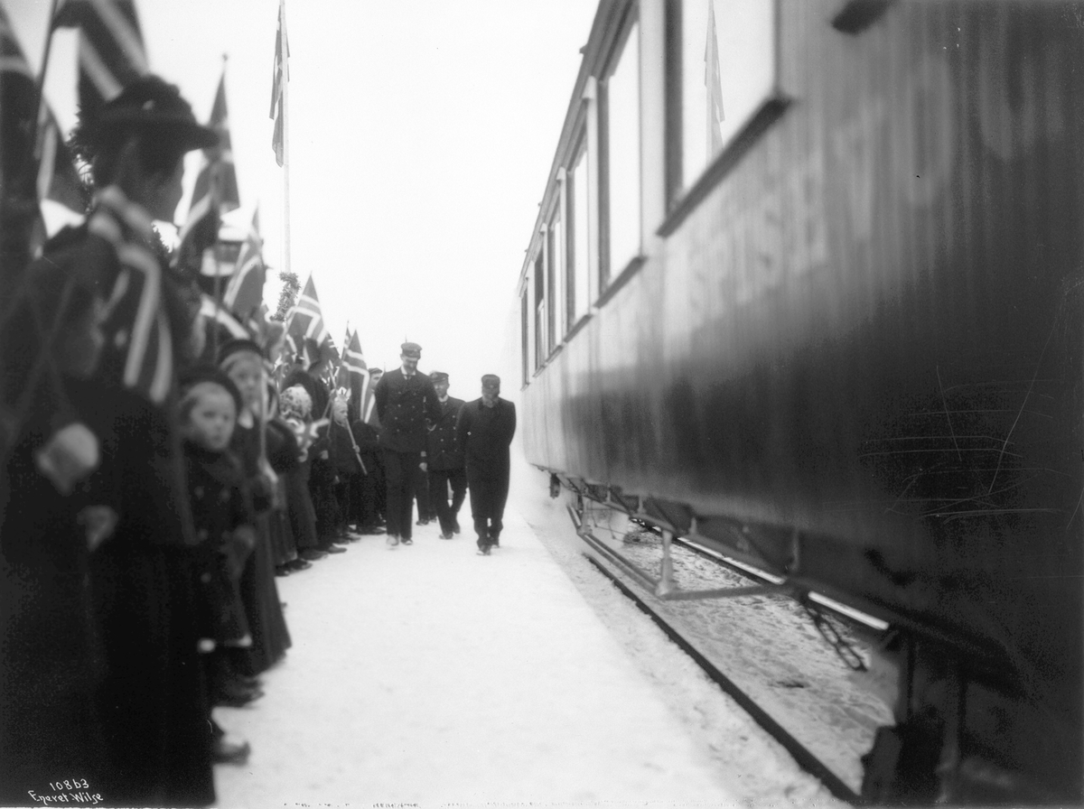 Anders Beer Wilse, Prot: Aapningstoget Kongen spadserer ved Gulsvik Station, 27/11 1909