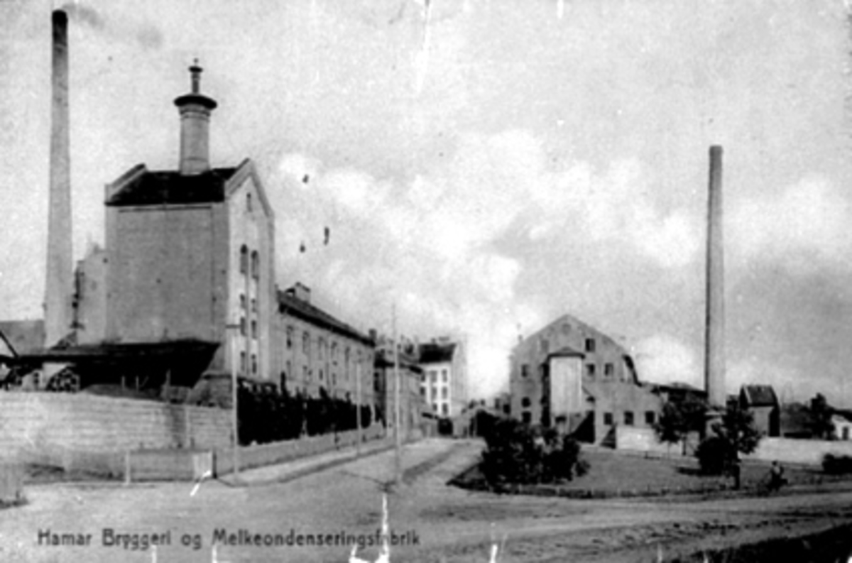 Anno Domkirkeodden, EKSTERIØR, HAMAR BRYGGERI, TIL HØYRE MELKEFABRIKKEN, STORHAMARGATA. POSTKORT.
