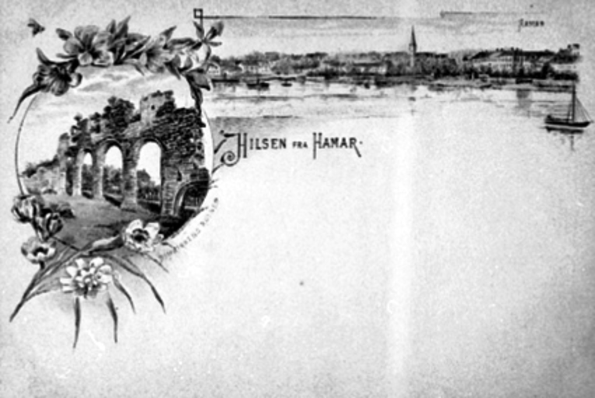 Anno Domkirkeodden, TEGNET POSTKORT, DOMKIRKERUINEN, HAMAR SETT FRA MJØSA, FARGELAGT BREVKORT.