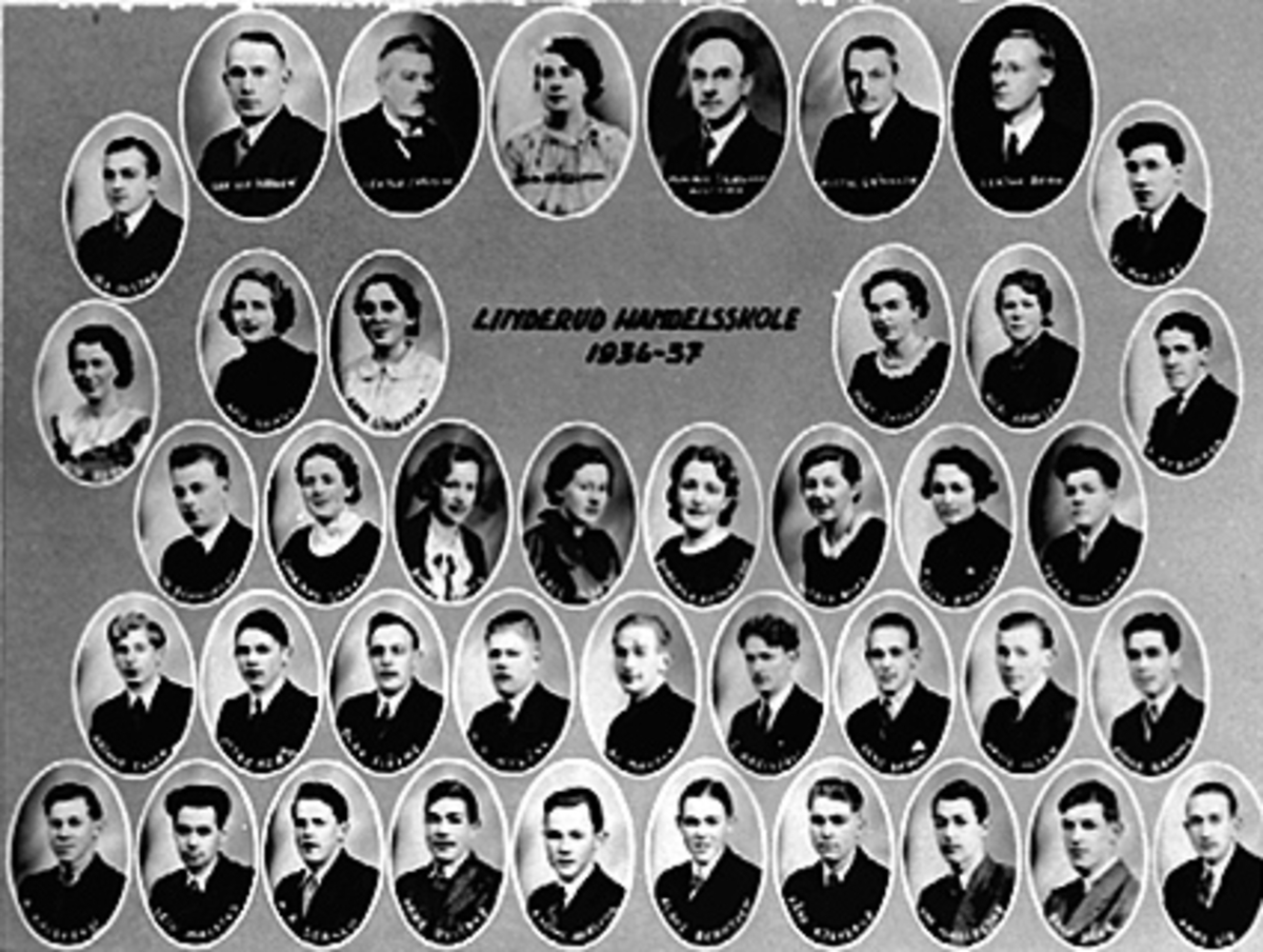 Anno Domkirkeodden, MONTASJE, GRUPPE, ALLE MED NAVN. LINDERUD HANDELSSKOLE, 1936-37.