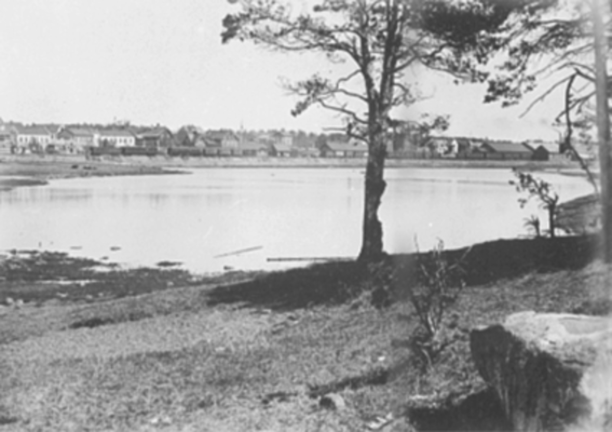 Anno Domkirkeodden, Bypanorama, Veslemjøsa, Hamar Stasjon, Stangevegen, Tjuvholmen. Jernbanens spisesalbygning ennå ikke ferdig.