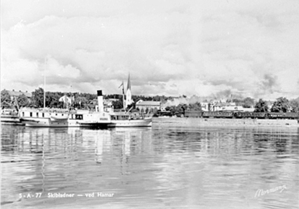 Anno Domkirkeodden, D. S. SKIBLADNER VED HAMAR BRYGGE, MJØSBÅT, TATT FRA MJØSA, TOG, HAMARBUKTA, HAMAR DOMKIRKE