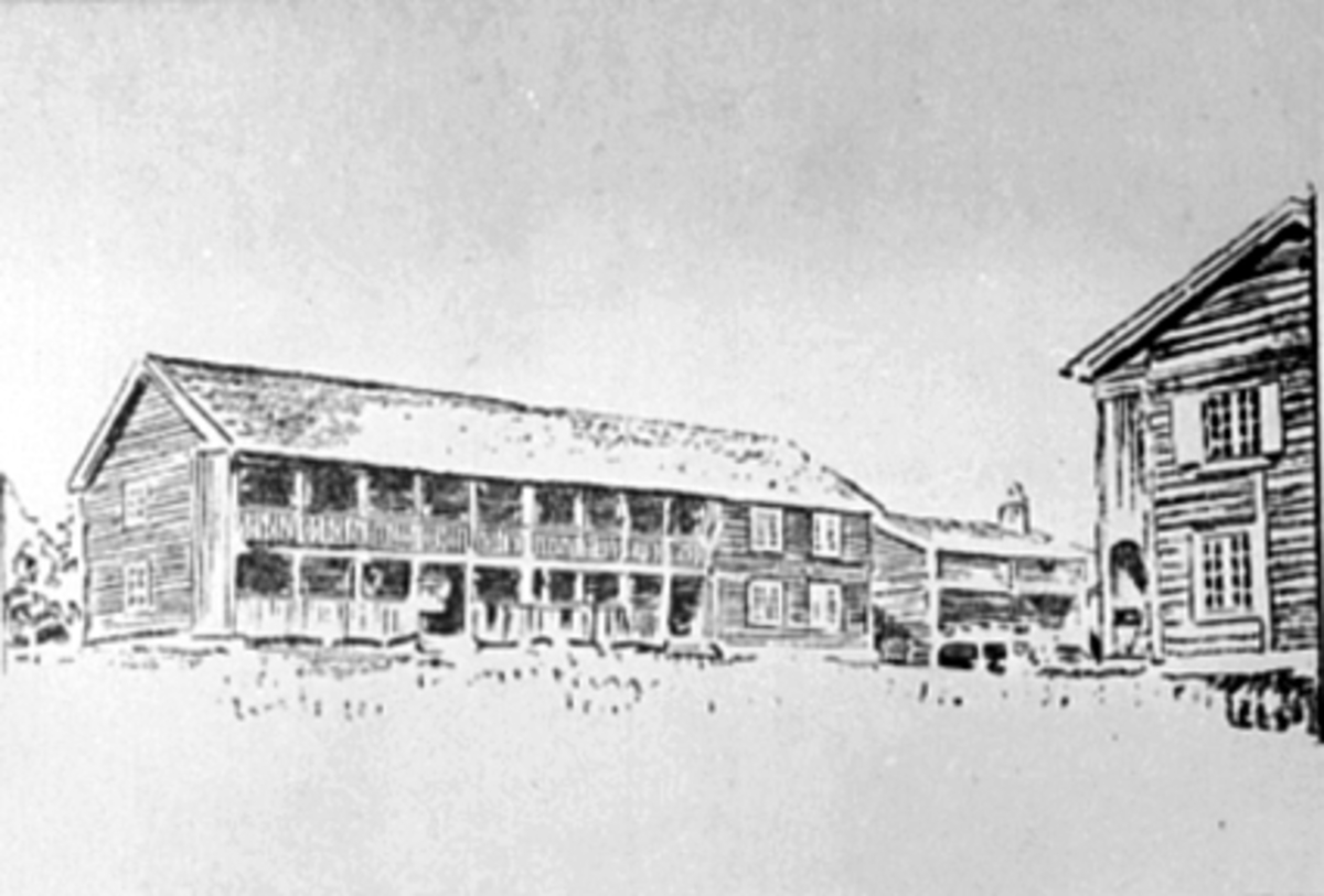Anno Domkirkeodden, TEGNING, HEDMARKSTUNET, FRA VENSTRE HUBREDBYGNINGEN, LØKENSTABBURET OG GRIMSRUDBYGNINGEN, OPLANDENES FOLKEMUSEUM, HEDMARKSMUSEET OG DOMKIRKEODDEN
