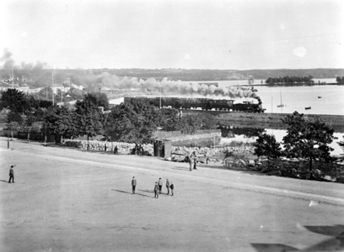 Anno Domkirkeodden, 7 gutter på Stortorger i Hamar før Basarbygningen ble bygget i 1896. Tog. Guttene på torget er Halvor Erichsen (14 år), Johs Erichsen (12 år), Hjalmar Murstad (13 år), Otto Murstad (11 år) og Jens Erichsen (12 år). De som står i Strandgata er Christian Murstad (16 år) og Jacob Erichsen (16 år).
