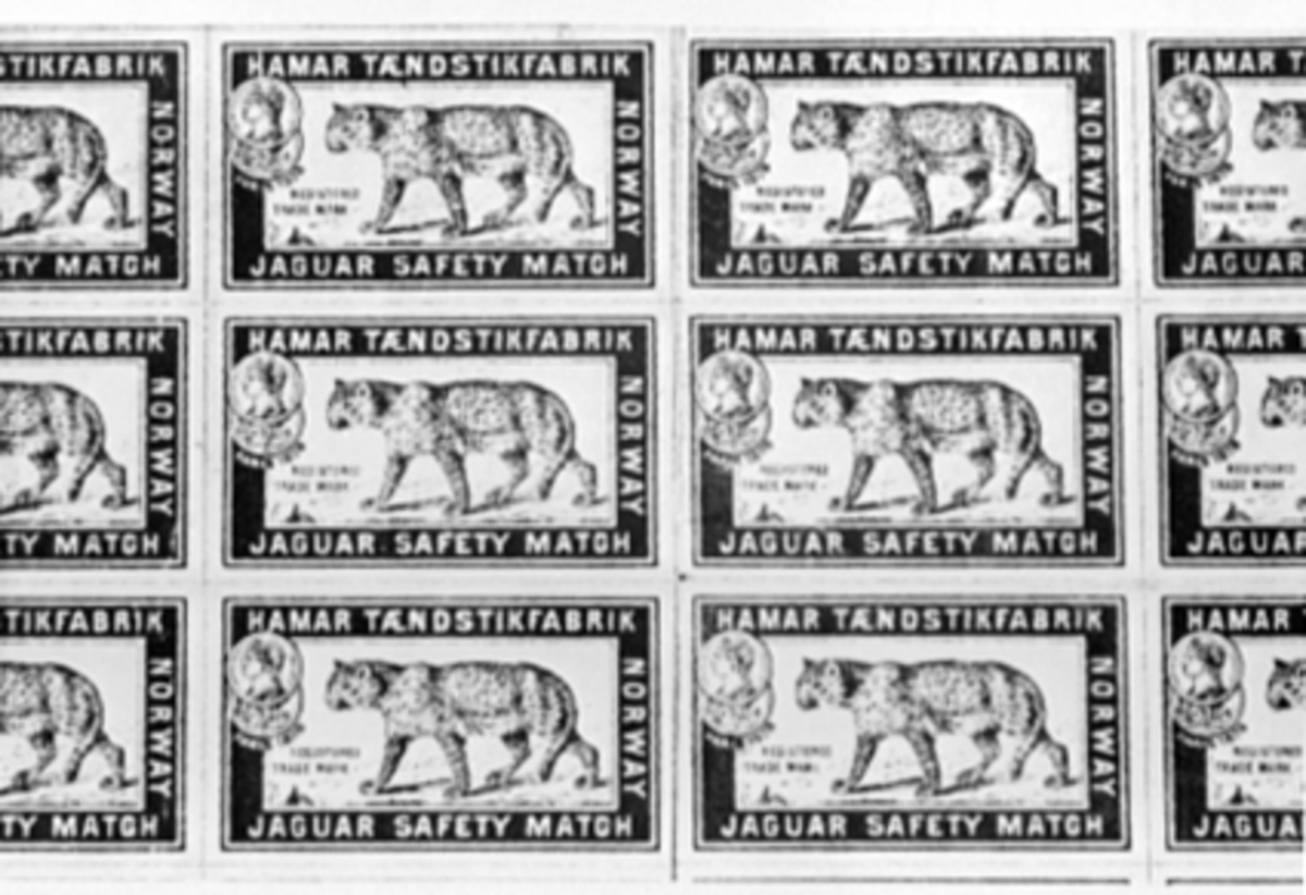 Anno Domkirkeodden, ETIKETT, HAMAR TÆNDSTIKFABRIK, NORWAY, "JAGUAR SAFETY MATCH"Hamar Tændstikfabrik, Norway, adresse Ole Bullsgt. Se også 0401-4261.