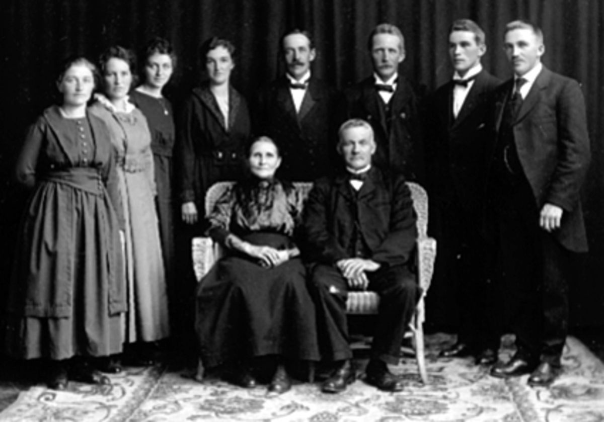 Anno Domkirkeodden, GRUPPE 10 FAMILIEN TANGEN, FORAN: MATHEA TANGEN OG BERNT TANGEN, VAKTMESTER PÅ JERNBANEN, FRA VENSTRE: BERTHE GIFT: MONSEN BILETTSELGER PÅ BIOGRAFEN, OLGA GIFT: STRAND, (TVILLINGSØSTRE), MARTHA GIFT: MOREN, BORGHILD GIFT: VIKEN, OLAF TANGEN, ANTON TANGEN, OSKAR TANGEN, SEVERIN TANGEN