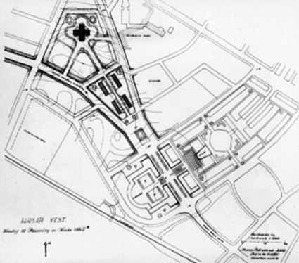 Anno Domkirkeodden, HAMARKART 1949, FORSLAG TIL BYREGULERING AV ARKITEKT SVERRE PEDERSEN, STORHAMAR MED PLASSERING AV NY KIRKE.