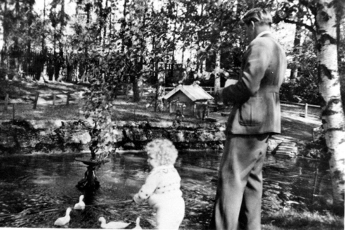 Anno Domkirkeodden, HAMAR PARK. FAR OG DATTER MATER ENDENE I ANDDAMMEN. FONTENE.