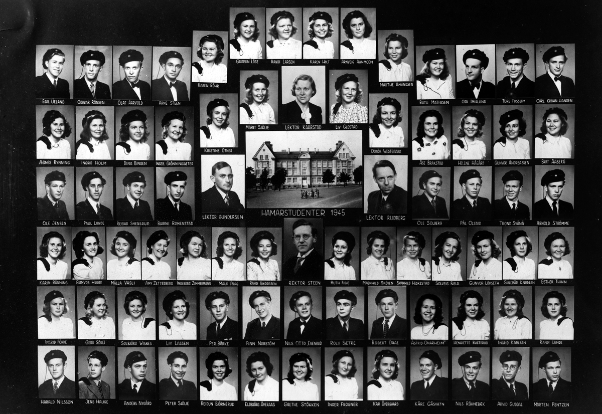 Anno Domkirkeodden, Hamar katedralskole. Hamarstudenter 1945. Montasje. Øverst f. v. Egil Ueland, Oddvar Rønsen, Olaf Aarvold, Karen Røhr, Gudrun Løge, Karen Holt, Arnveig Aanmoen, Marthe Amundsen, Ruth Mathisen, Odd Imislund, Tore Fossum, Carl Krohn Hansen 2. Rekke f. v. Agnes Rynning, Ingrid Holm, Dina Bingen, Inger…