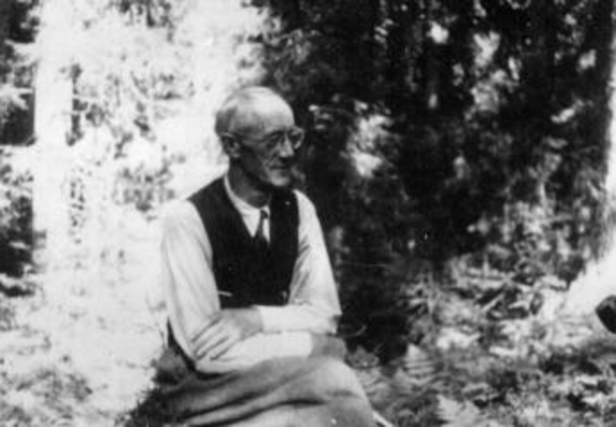 Anno Domkirkeodden, Portrett av Lars Bjerklien, sittende i skogen, tømmer-plankekjører, formann Ringsaker Almenning.