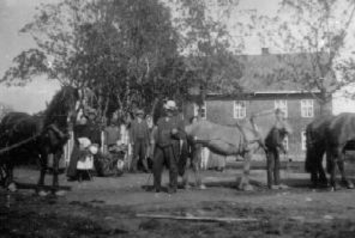 Anno Domkirkeodden, Eksteriør. Hovedbygningen på Mellom-Kise, Nes, Hedmark. Voksen og barn på tunet. Hest og barnevogn.