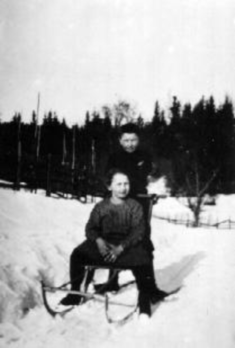 Anno Domkirkeodden, To søsken med spark i Sagbakken. Hans Alexander (1912-1984) og Kristiane Lise Mathea Haugen (1914-1995), Mellom-Kise, Nes, Hedmark.