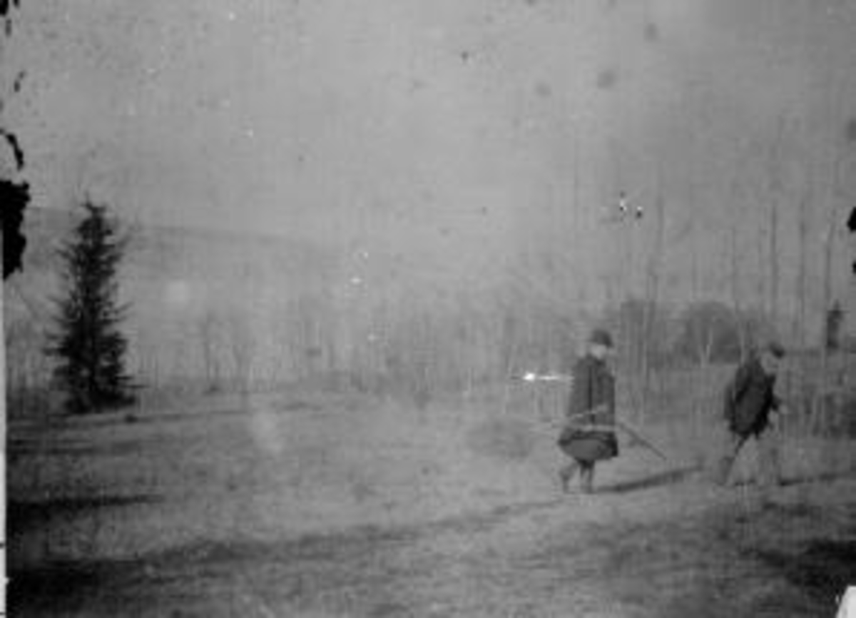 Anno Domkirkeodden, Oppmåling av jord på Nedre Maurud, Helgøya. Rittmester Jacob Nilsen Hoel (1853-1932) til venstre med passer. Lars Larsen Lier (1832-1910) med passer.