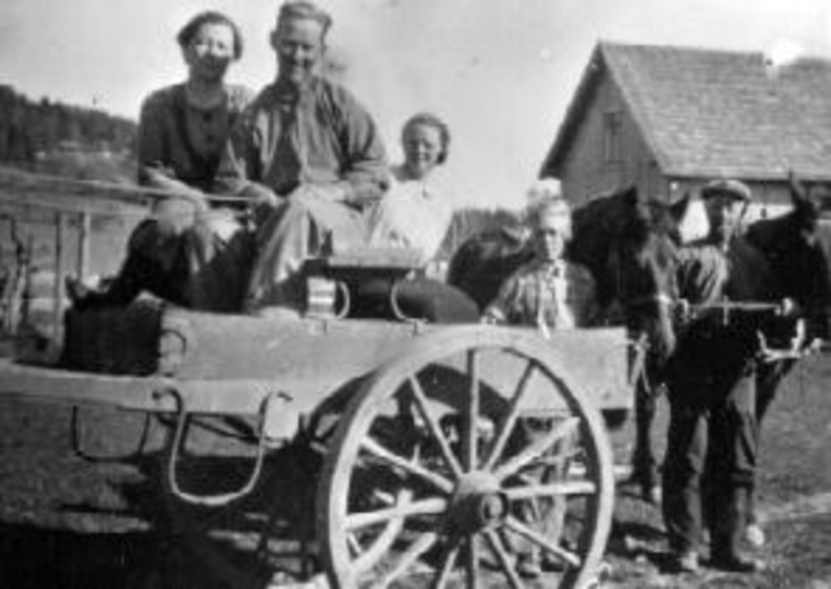 Anno Domkirkeodden, 2 hester med kjerre. Voksne og barn i kjerra. Karen Maurud, Ole Moen, Betzy Staff, Jørgen Høystad. Leonard med belte. Nedre Maurud, Helgøya.