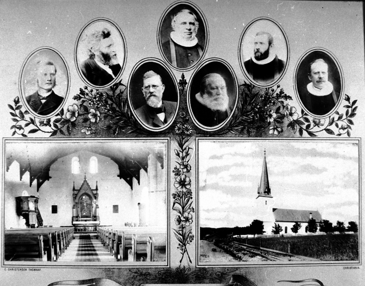 Anno Domkirkeodden, Montasje av foto. Stavsjø kirke, interiør og eksteriør. Portretter av prester. Johannes Børke f.1856 , Einar Borchgrevink (1849-1933), Oluf Martinus Christiansen (1852-1932), Henrik Christian Borchgrevink (1811-1891), Ole Stuevold Hansen (1834-1919), Theodor Borchgrevink (1858-1909), Peter Andreas …