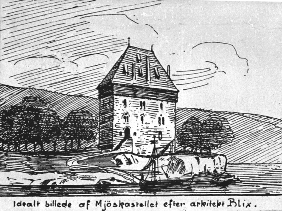 Anno Domkirkeodden, Tegning av Mjøskastellet på Steinsholmen, Ringsaker.