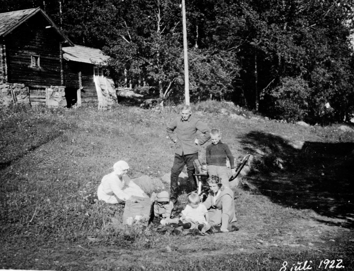 Anno Domkirkeodden, Gruppe voksne og barn fra familien Løken på tunet til Harkerud gård, Mesnali, Ringsaker.