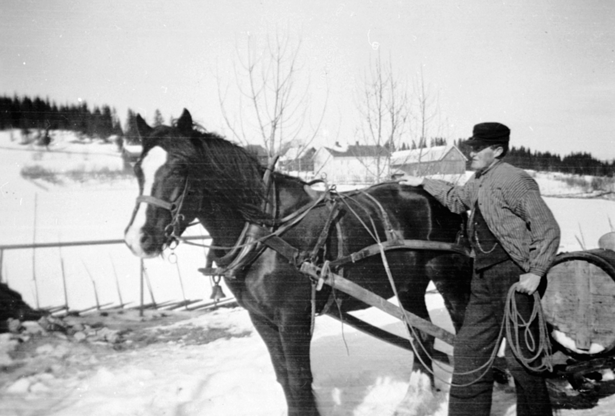Anno Domkirkeodden, Johan Kinde kjører vann i tønne med hest og slede på Brøttum, Ringsaker.