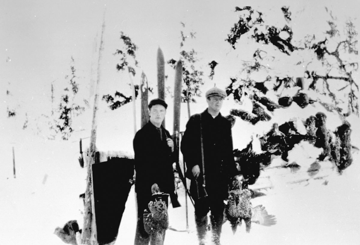 Anno Domkirkeodden, Arne Antonsen Solbakken f.1905 og Trygve Antonsen Solbakken f.1900 på storfugljakt Navarhaugen, Granåsen, Philske sameie, Ringsakerfjellet.