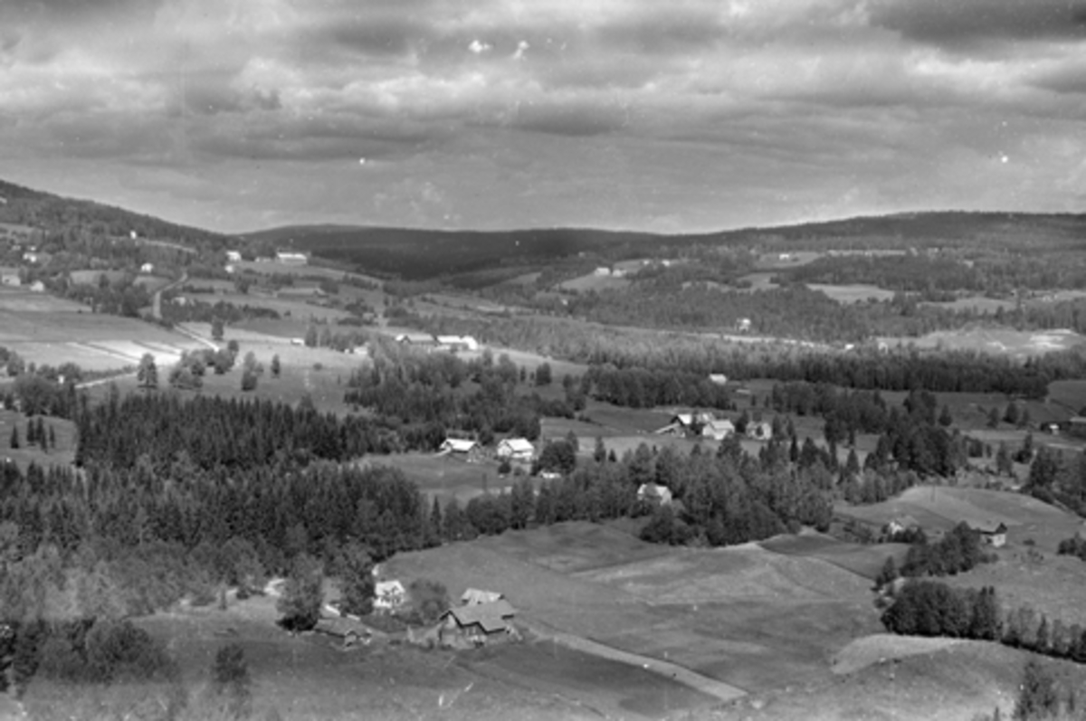 Anno Domkirkeodden, Flyfoto av garder i Furnes, Ringsaker. Bildet viser Tveter gård, Vesteng gård, Østeng gård med Stensli gård i bakgrunn