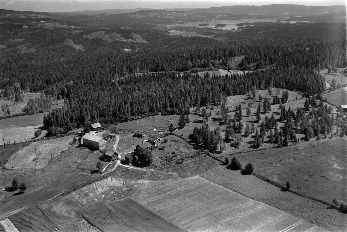 Widerøes Flyveselskap A/S, Flyfoto av Thorstad gard, Brøttum, Ringsaker. Næra i bakgrunnen.