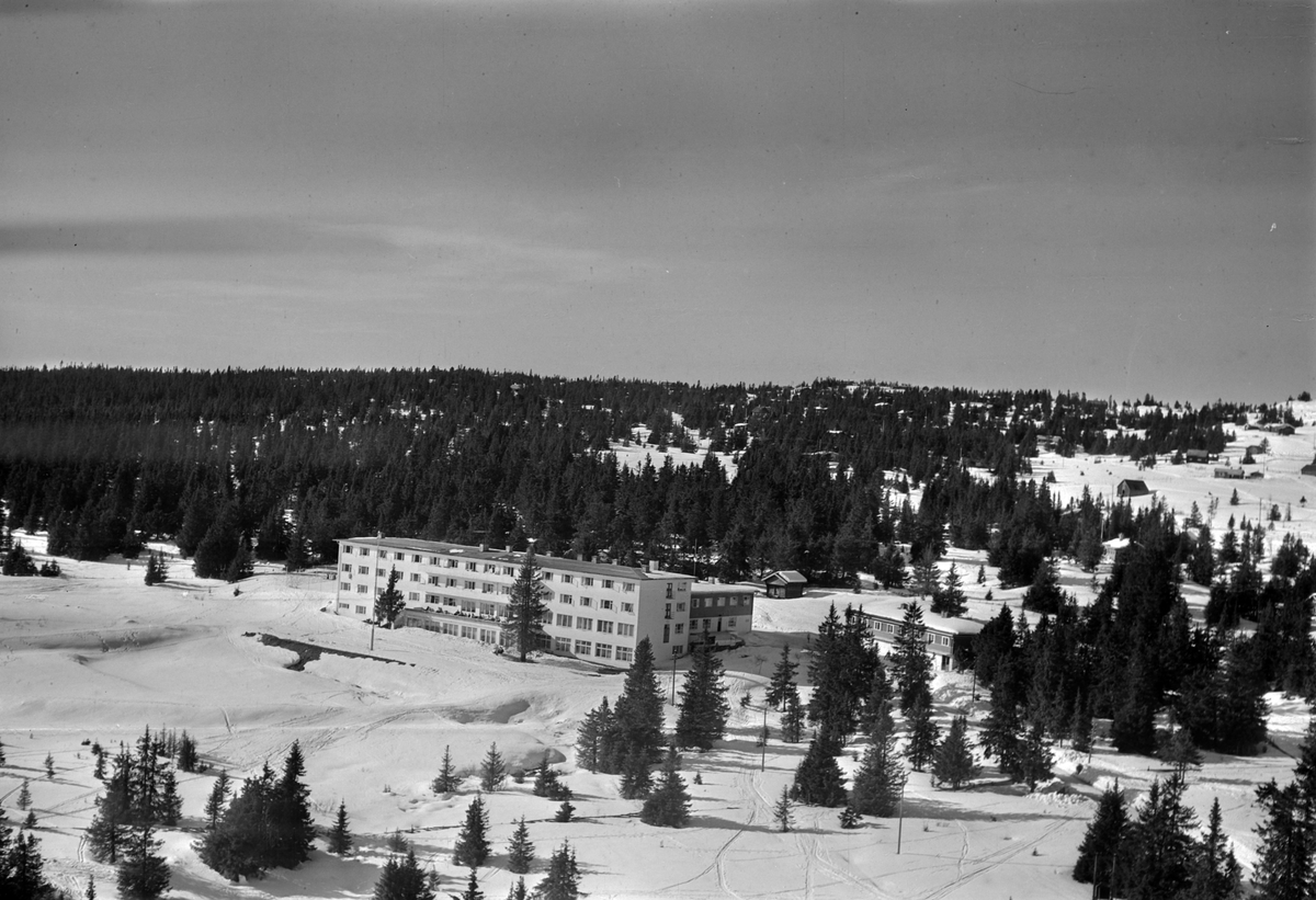 Widerøes Flyveselskap A/S, Flyfoto av bebyggelse i vinterlandskap på Sjusjøen, Ringsaker Almenning.