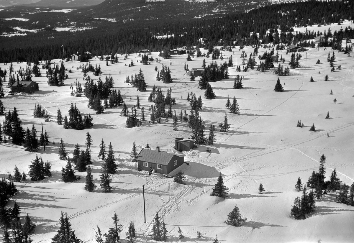 Widerøes Flyveselskap A/S, Flyfoto av bebyggelse i vinterlandskap på Sjusjøen, Ringsaker Almenning.
